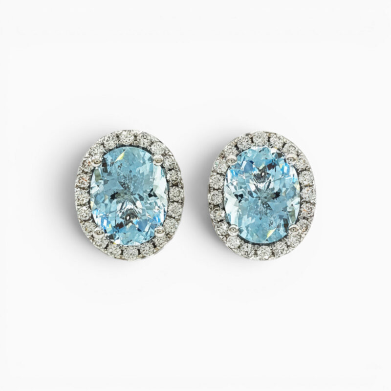 18ct White Gold Aquamarine and Diamond Halo Style Stud Earrings