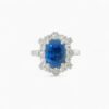 Saraya sapphire and diamond ring in platinum with cushion cut blue sapphire and diamond halo