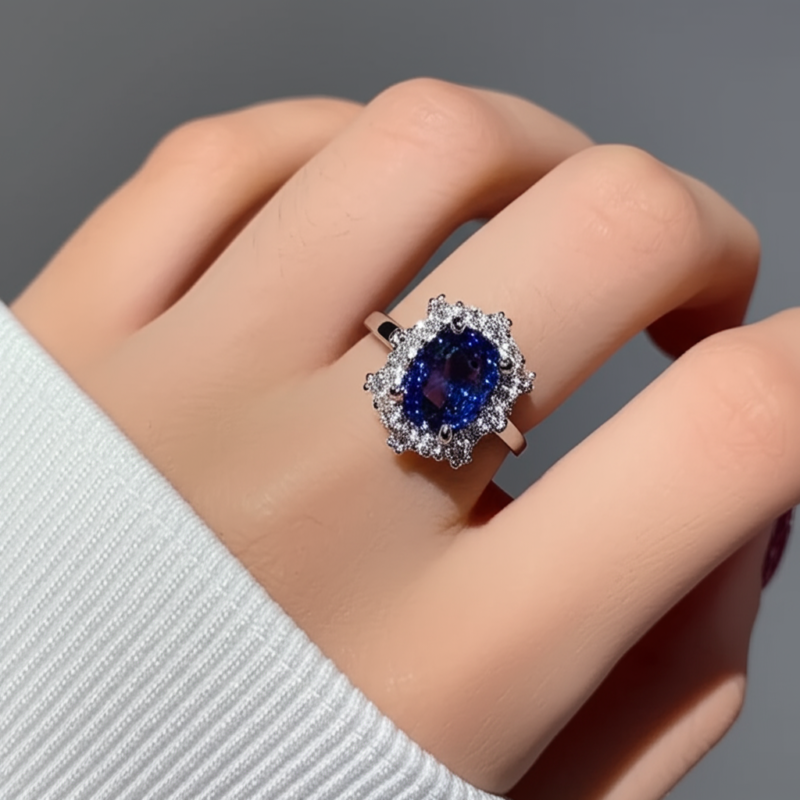 Saraya sapphire and diamond ring in platinum with cushion cut blue sapphire and diamond halo