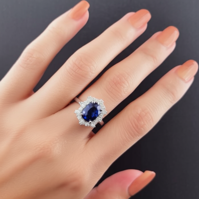 Saraya sapphire and diamond ring in platinum with cushion cut blue sapphire and diamond halo