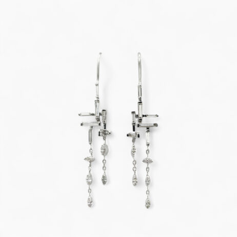 Cascade Earrings – 18ct white gold diamond drop earrings with fancy shaped diamonds