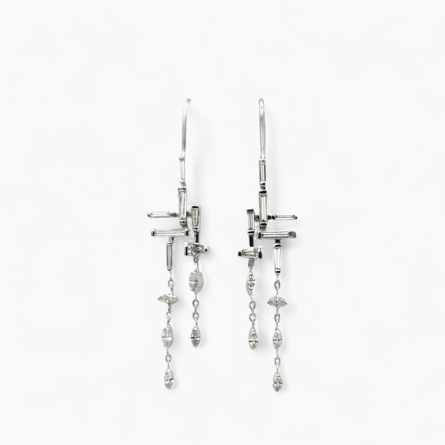 Cascade Earrings – 18ct white gold diamond drop earrings with fancy shaped diamonds