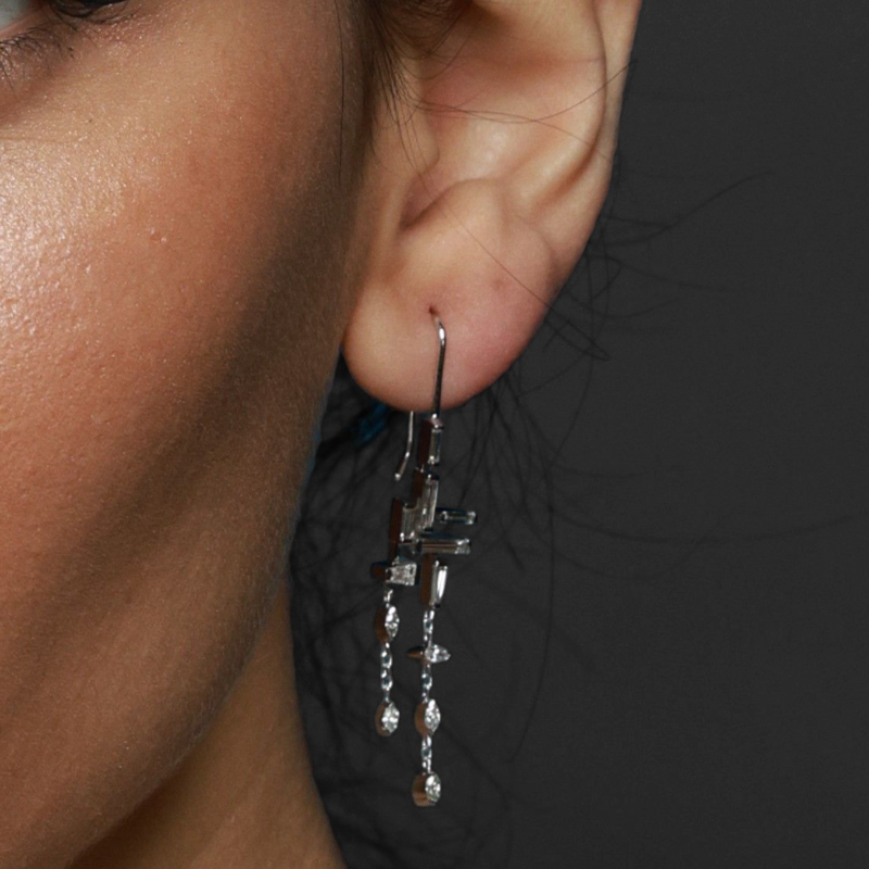 Cascade Earrings – 18ct white gold diamond drop earrings with fancy shaped diamonds