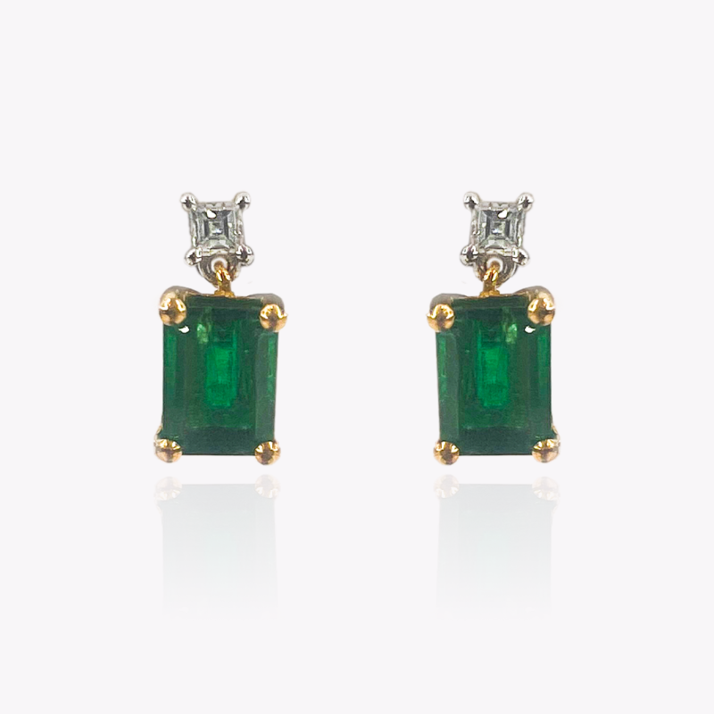 18ct Yellow Gold Emerald and Diamond Drop Earrings
