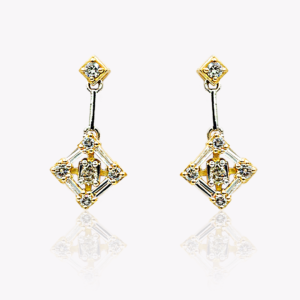 Yellow Gold Diamond Baguette, Pear and Round Brilliant Cut Diamond Earrings