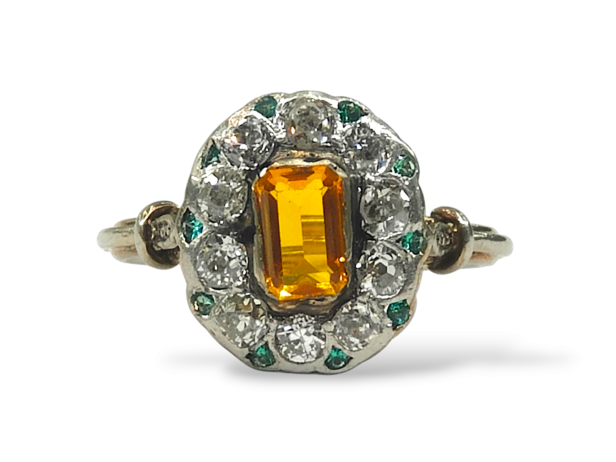 Antique Platinum 800 Golden Sapphire, Diamond & Emerald Ring