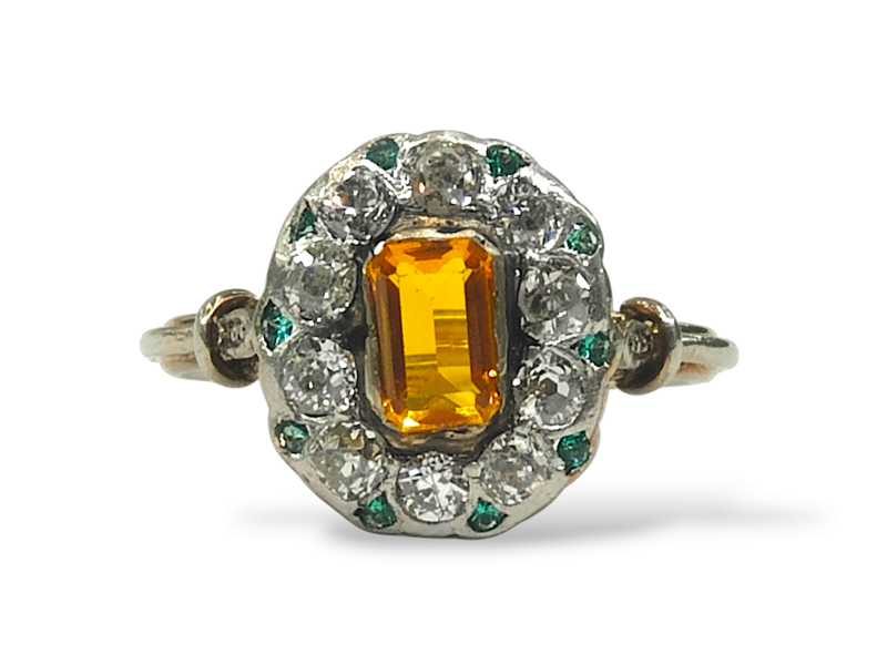 Antique Platinum 800 Golden Sapphire, Diamond & Emerald Ring