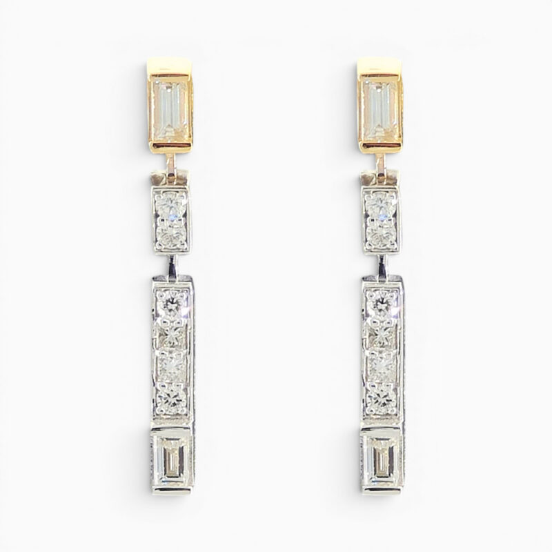 Baguette, Princess and Round Brilliant cut diamond drop earrings