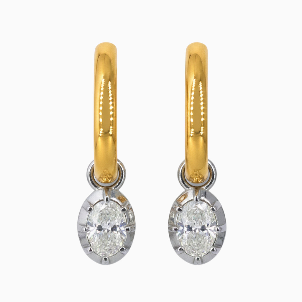 18ct Yellow Gold Solid Hoops and White Gold Oval Diamond Enhancers