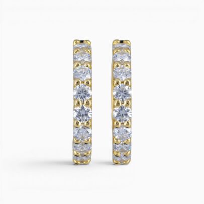 One pair of 18 karat yellow gold shared claw set diamond hoop earrings.