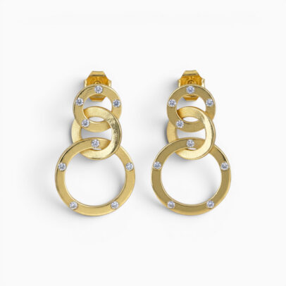 One pair of 18 karat yellow gold grain set triple angled diamond hoop earrings.