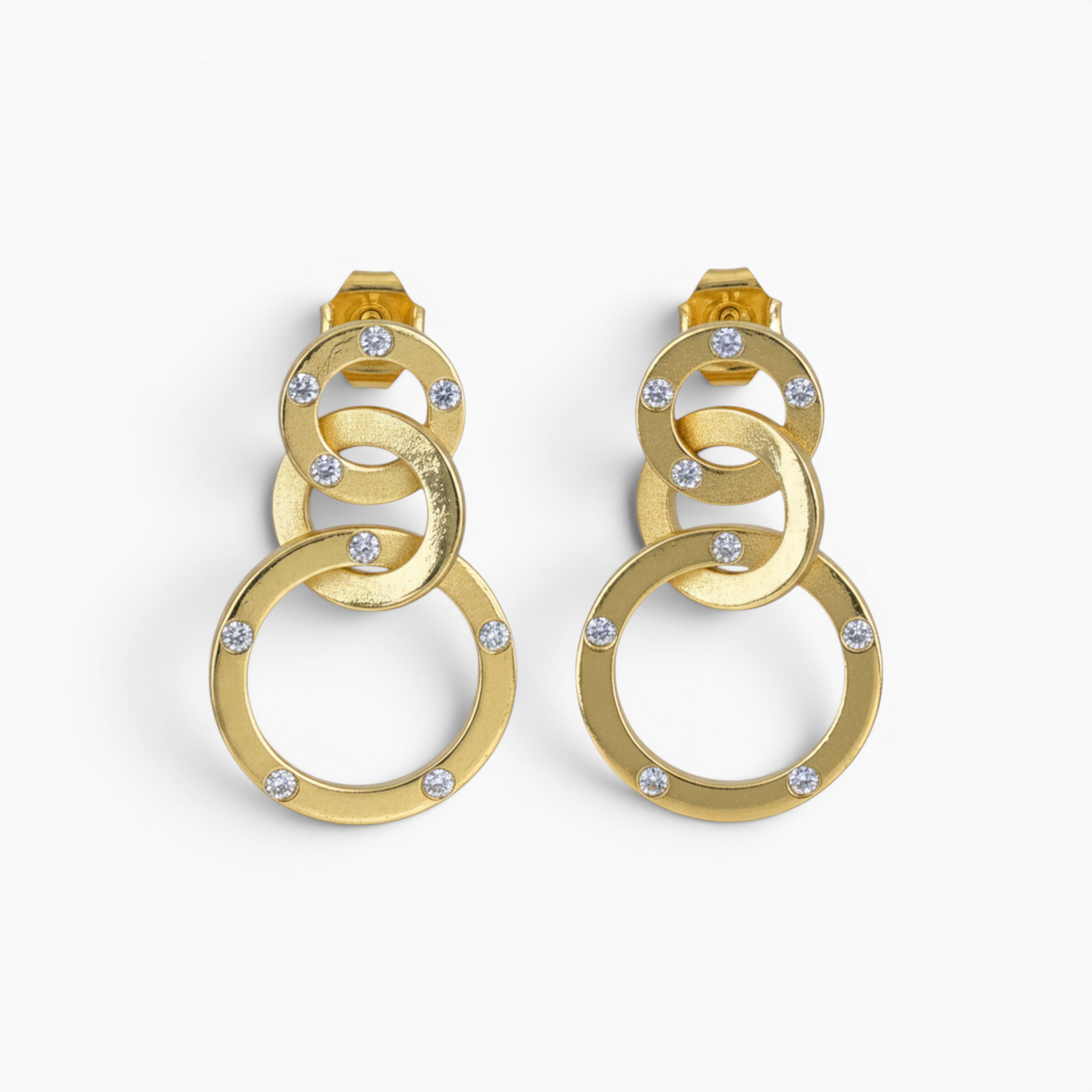One pair of 18 karat yellow gold grain set triple angled diamond hoop earrings.