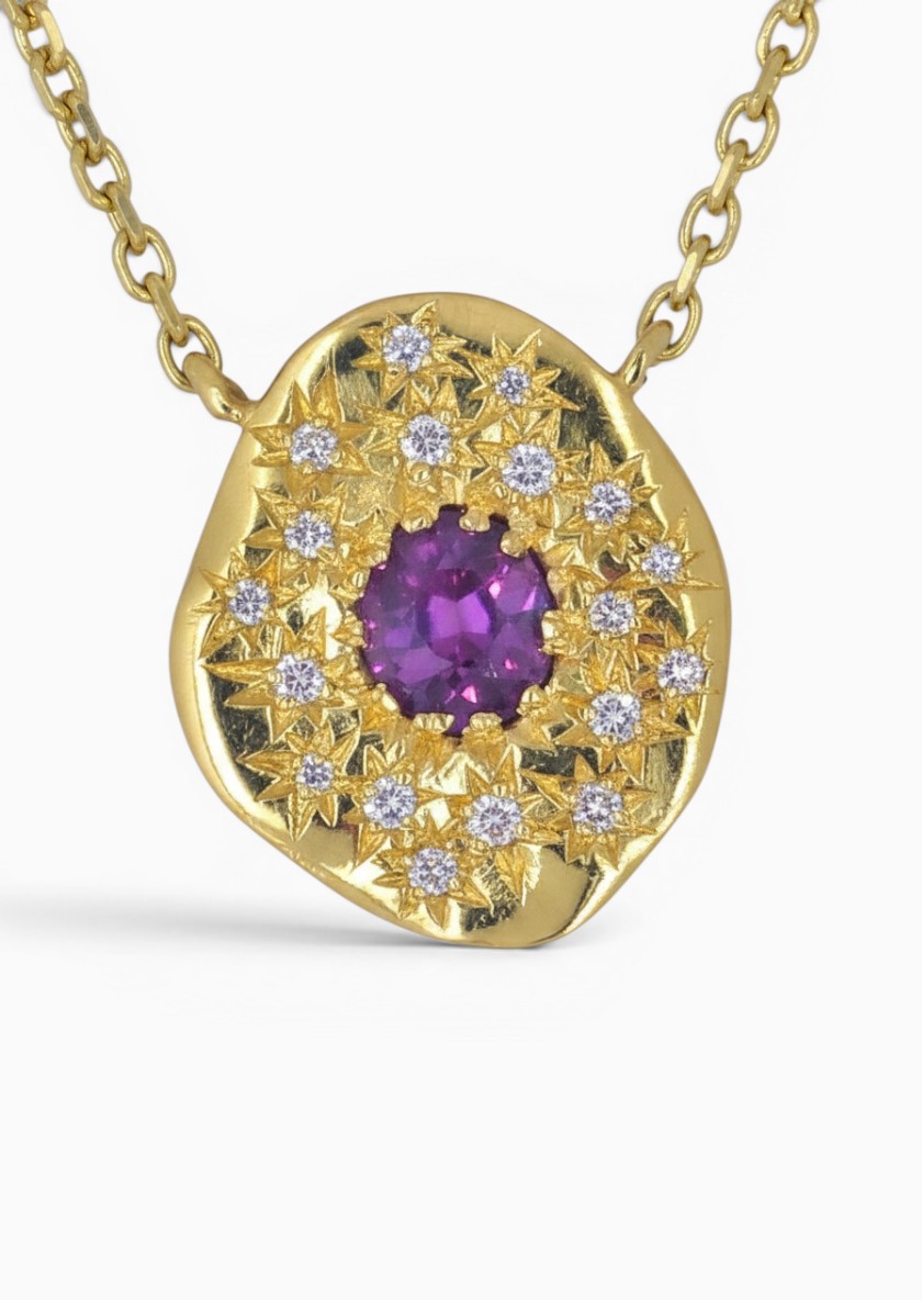 One 18 karat yellow gold star set sapphire and diamond organic pendant, and diamond style cut trace chain