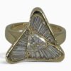 One 18 karat yellow gold channel and claw set flowing triangle diamond ring.