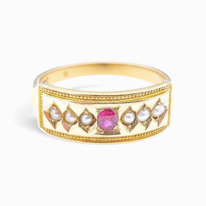 Antique Victorian 15ct Gold Pearl and Ruby Ring