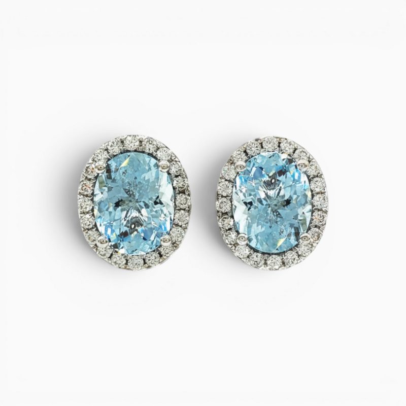 18ct White Gold Aquamarine and Diamond Halo Style Stud Earrings