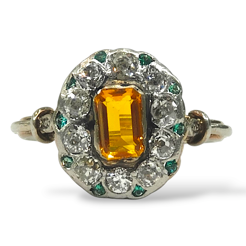 Antique Platinum 800 Golden Sapphire, Diamond & Emerald Ring