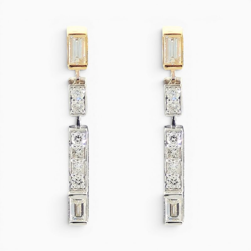 Baguette, Princess and Round Brilliant cut diamond drop earrings